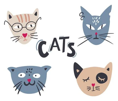 Muzzles of cats. Set of happy funny domestic animals. Different faces, muzzle Stock Illustration