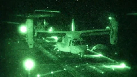 MV-22B Take off from the USS Kearsarge during Nighttime Flight Operations - 2013 Stock Footage 103632603