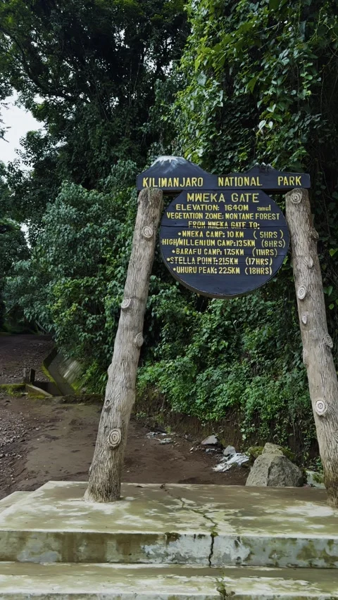 Mweka Gate elevation sign on forest trail at Mount Kilimanjaro National Park Stock Footage 316110291