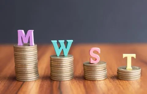 MWST or German Value Added Tax on coins in decreasing order - concept showing Stock Photos