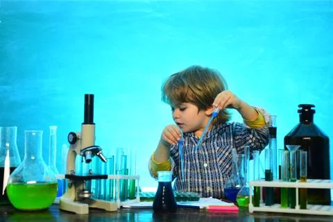 My chemistry experiment. Chemistry science. Biology experiments with microscope Stock Photos