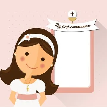 My first communion invitation with message and foreground girl Stock Illustration