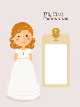 My first communion invitation with message and curly hair girl Stock Illustration