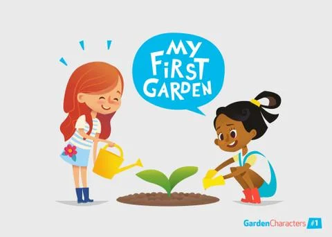 My first garden concept. Cute kids care for plants in the backyard. Stock Illustration
