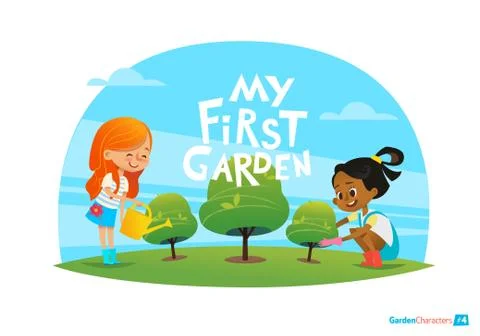 My first garden concept. Cute kids care for plants in the backyard. Stock Illustration