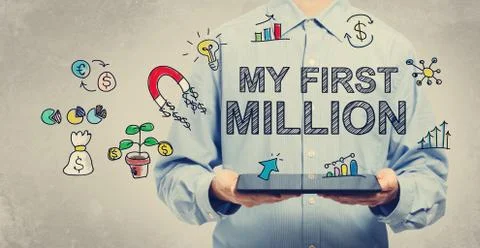 My First Million concept with young man holding a tablet Stock Illustration