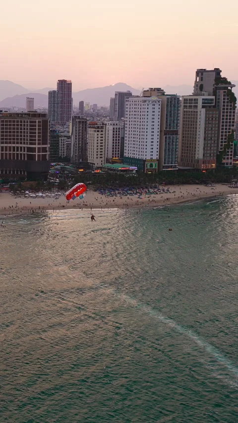 My Khe Beach - Sunset - Skyline - Parasailing - Da Nang - Vietnam - Aerial View Stock-Footage 345450437