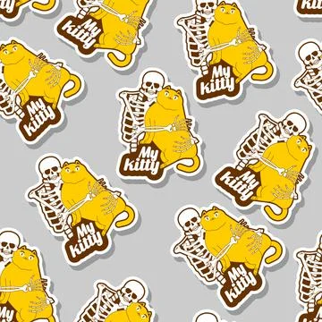 My kitty pattern seamless. Skeleton love cat. Skeleton hugging cat background Stock Illustration