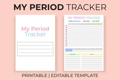 My Period Tracker Template, Printable Monthly Menstrual Cycle Log, Editable.. Stock Illustration