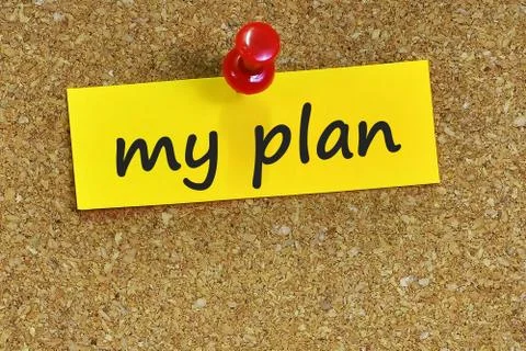 My plan  word on notes paper with cork background Foto stock
