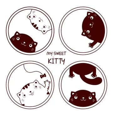 My sweet kitty.  Set of round monochrome icons with cute cats. Collection o.. Illustrazione stock
