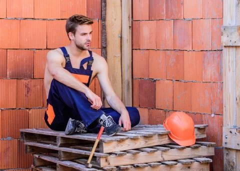 My working place. man builder in work clothes. engineer with tool. architect Foto stock