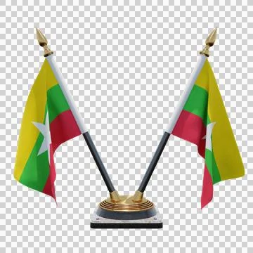 Myanmar 3d illustration flag on pole. Wood flagpole Illustrazione stock