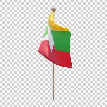 Myanmar 3d illustration flag on pole. Wood flagpole Stock Illustration