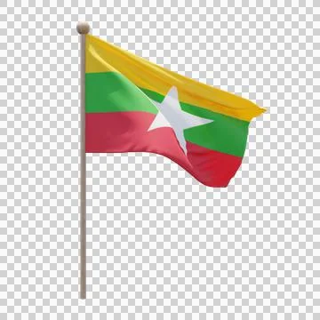 Myanmar 3d illustration flag on pole. Wood flagpole 库存插图