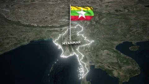 Myanmar 3D Map Animation, Glowing Border with Waving Myanmar National Flag .. Stock Footage 330280423