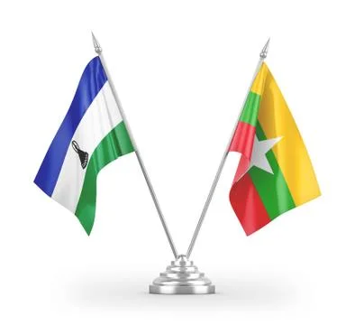 Myanmar and Lesotho table flags isolated on white 3D rendering Illustrazione stock