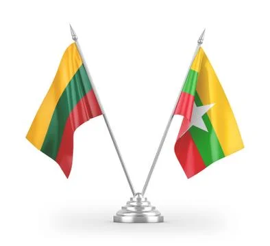 Myanmar and Lithuania table flags isolated on white 3D rendering Stock Illustration