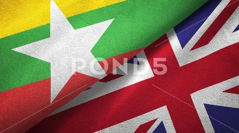 Myanmar and United Kingdom two flags textile cloth, fabric texture Stock Photos