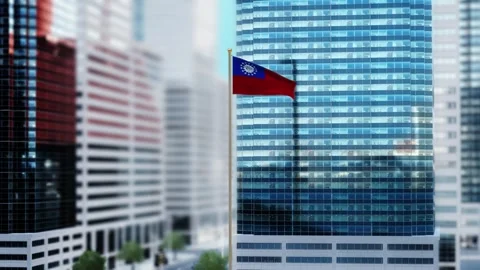 Myanmar Burma Flag 3D Render Animation Waving in Front of Modern Glass Build Stock Footage 333074506