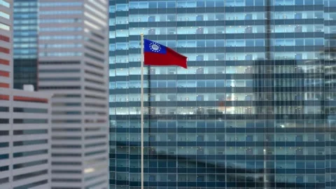 Myanmar Burma Flag 3D Render Animation Waving Against Glass Office Building  Stock Footage 333077224