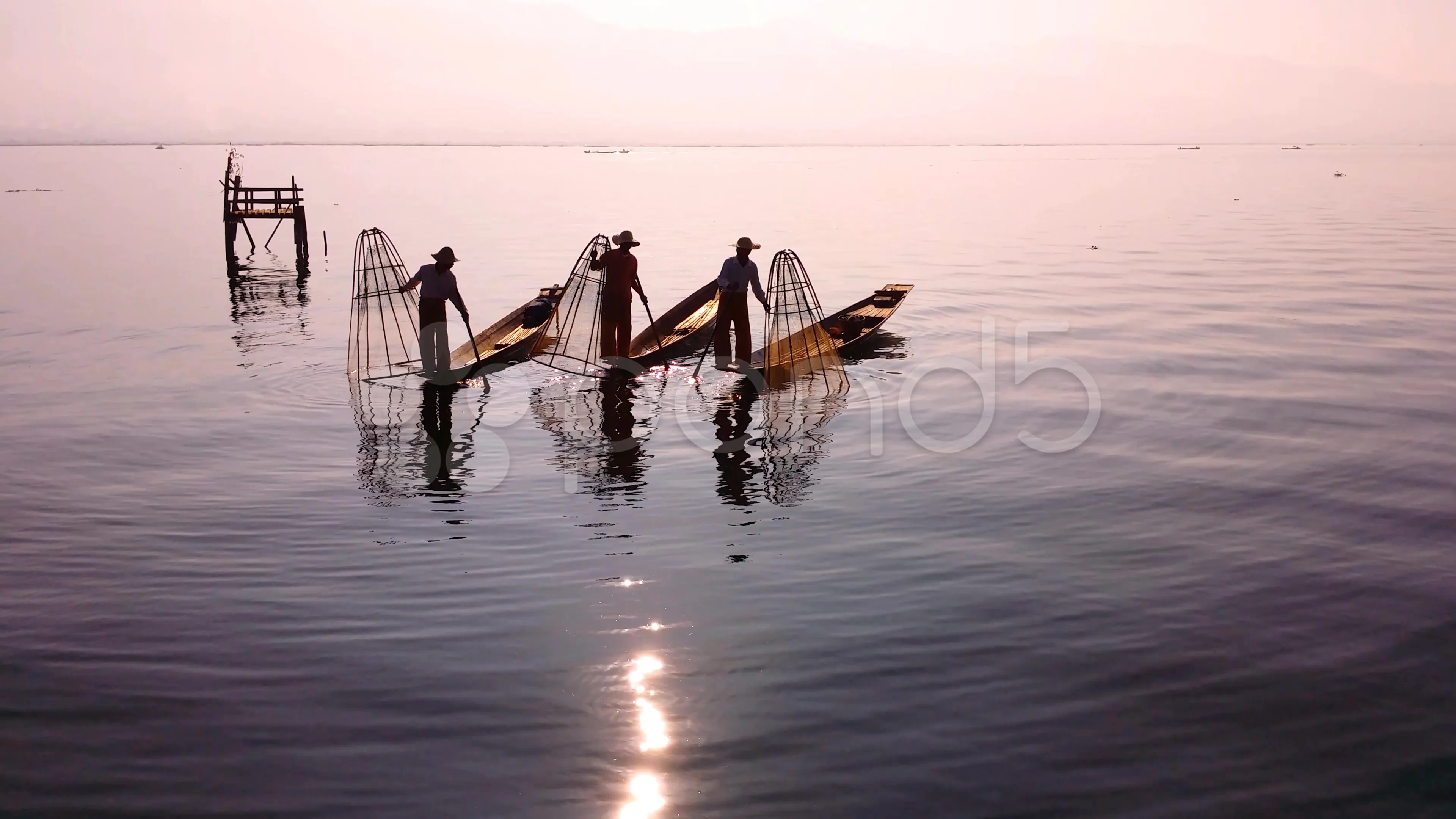 Traditional Fishing By Net In Burma Lake Water Reflection Photo