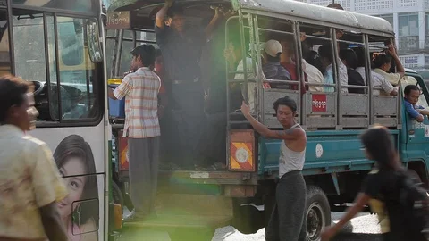 Myanmar bus and traffic, Yangon city Stock Footage 102643224