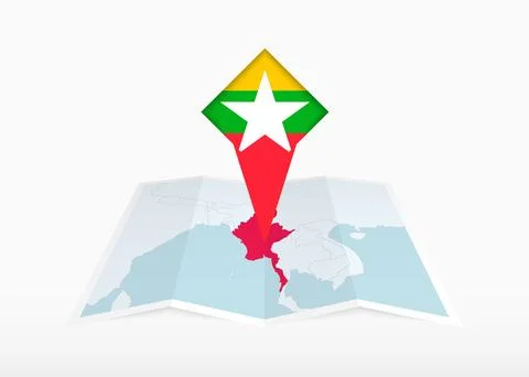 Myanmar is depicted on a folded paper map and pinned location marker with f.. Stock Illustration