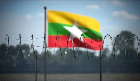 Myanmar - Flag and Barbed Wire Fence - 3D illustration Stock Illustration