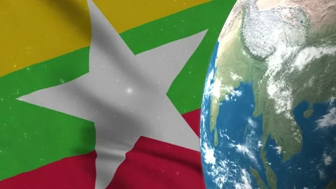 Myanmar Flag and Myanmar Map on Earth Globe 4K Stock Footage 220781126