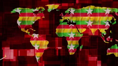 Myanmar flag earth map glowing technology motion news background Stock Footage 264613971