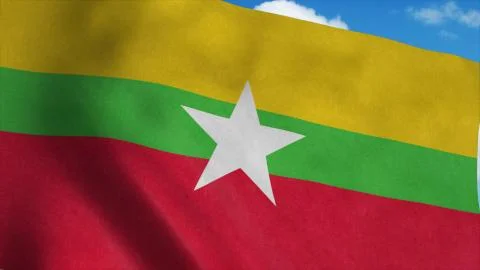 Myanmar flag on a flagpole waving in the wind, blue sky background. 3d render 스톡 일러스트