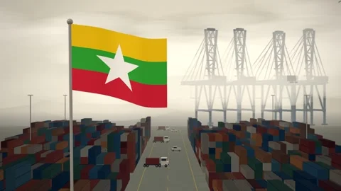 Myanmar Flag Flying Over A Container Port Terminal In Morning Haze 스톡 동영상 344470637