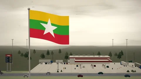 Myanmar Flag Over Highway Gas Station Fuel Prices seamless loop 库存影片 344714731
