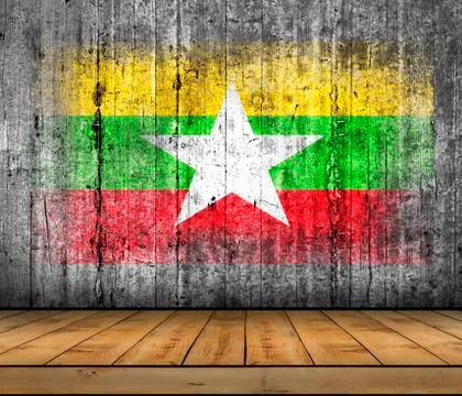 Myanmar flag painted on background texture gray concrete with wooden floor Stock Photos