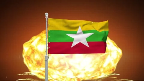 Myanmar flag waving in front of bright nuclear explosion mushroom cloud sym.. Stock Footage 341868687