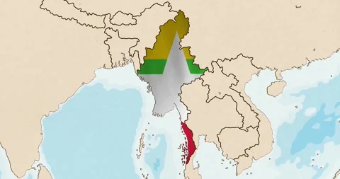 The myanmar flag waving inside the country on a world map Stock Footage 339033267
