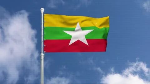 Myanmar flag waving on silver pole against bright blue sky with white cloud.. Vídeos de archivo 342075501