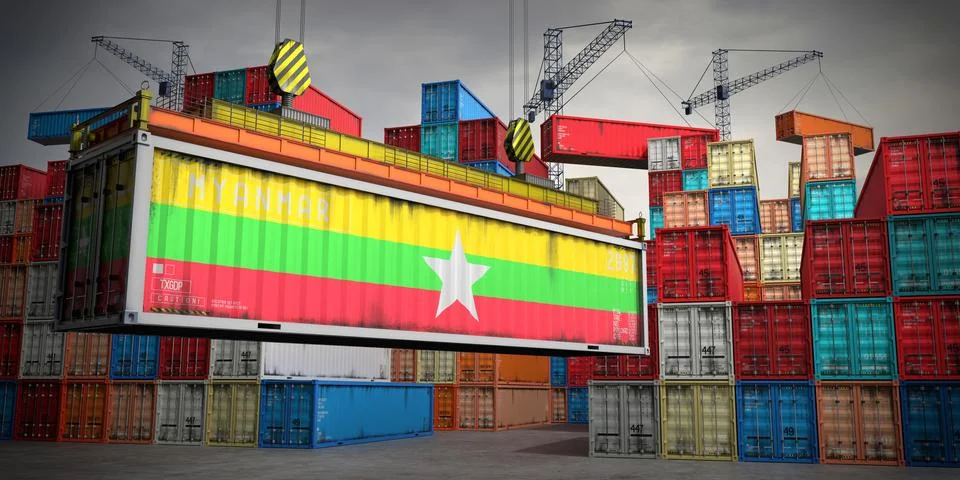 Myanmar - freight container in cargo terminal - 3D illustration Stock Illustration