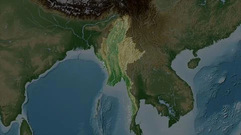Myanmar highlighted on a Pale colored elevation map with lakes and rivers イラスト素材