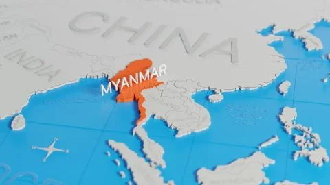 Myanmar highlighted on a white simplified 3D world map. Digital 3D render. Stock Illustration