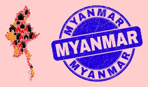 Myanmar Map Collage of Flame and Homes and Grunge Myanmar Seal Ilustração Stock