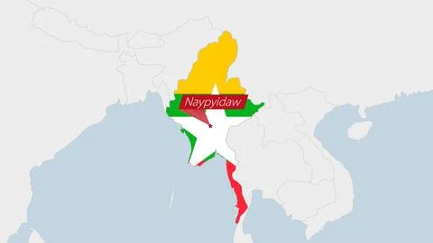 Myanmar map highlighted in Myanmar flag colors and pin of country capital N.. Stock-Illustration