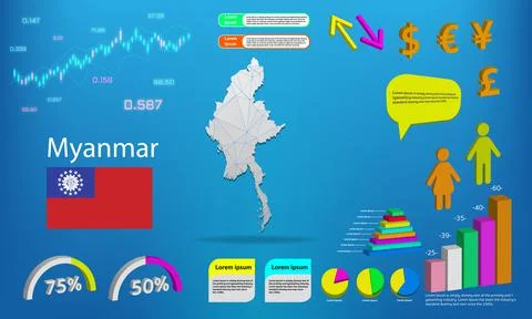 Myanmar map info graphics - charts, symbols, elements and icons collection. D 스톡 일러스트