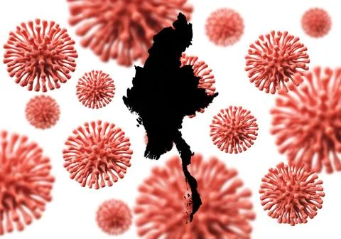 Myanmar map over a scientific virus microbe background. 3D Rendering Ilustração Stock