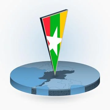 Myanmar map in round isometric style with triangular 3D flag of Myanmar Stock Illustration