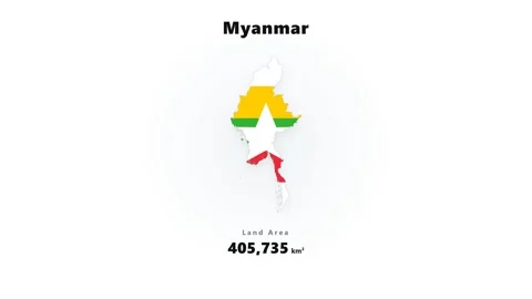 Myanmar map silhouette with horizontal yellow green red flag stripes, white five Stock Footage 345644749