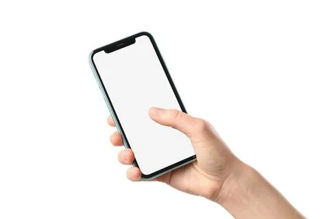 MYKOLAIV, UKRAINE - JULY 07, 2020: Woman holding iPhone 11 on white backgroun Stock Photos