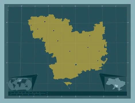Mykolayiv, Ukraine. Solid color shape. Locations of major cities of the regio Stock Illustration