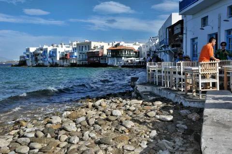 Mykonos cafe seafront Stock Photos